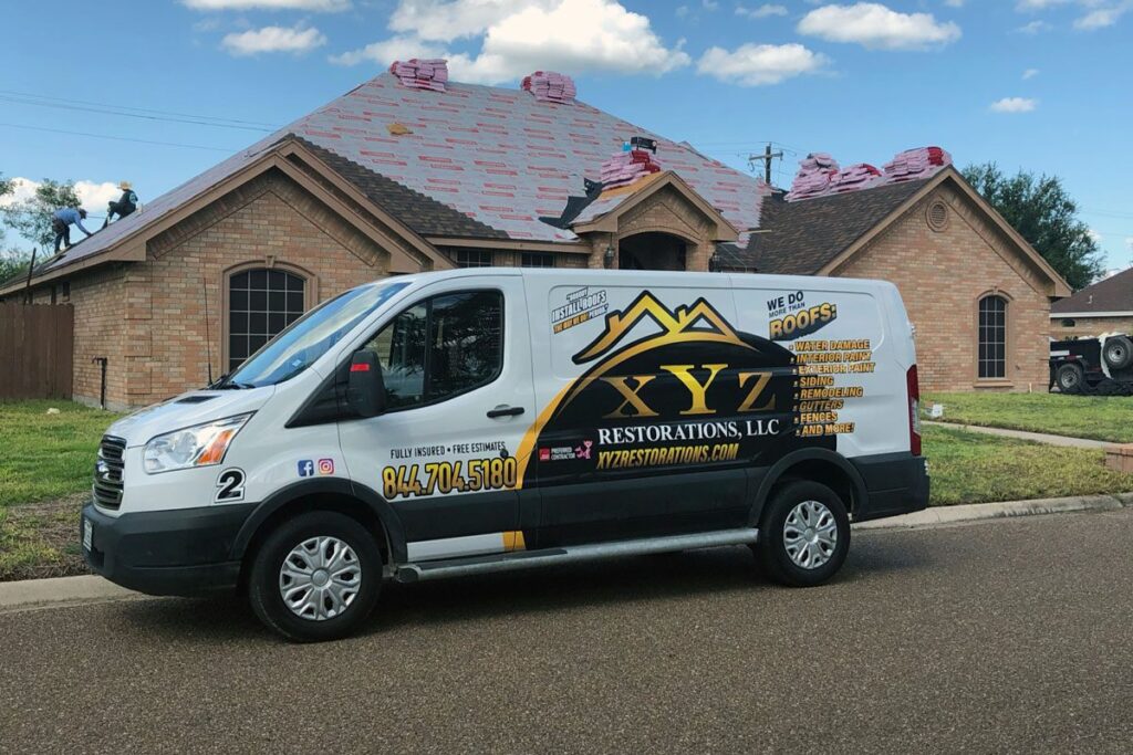 Service van parked in front residential Brownsville Roofing location.|