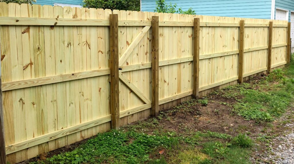 light colored wooden fence outdoors with mcallen fencing company after a storm.